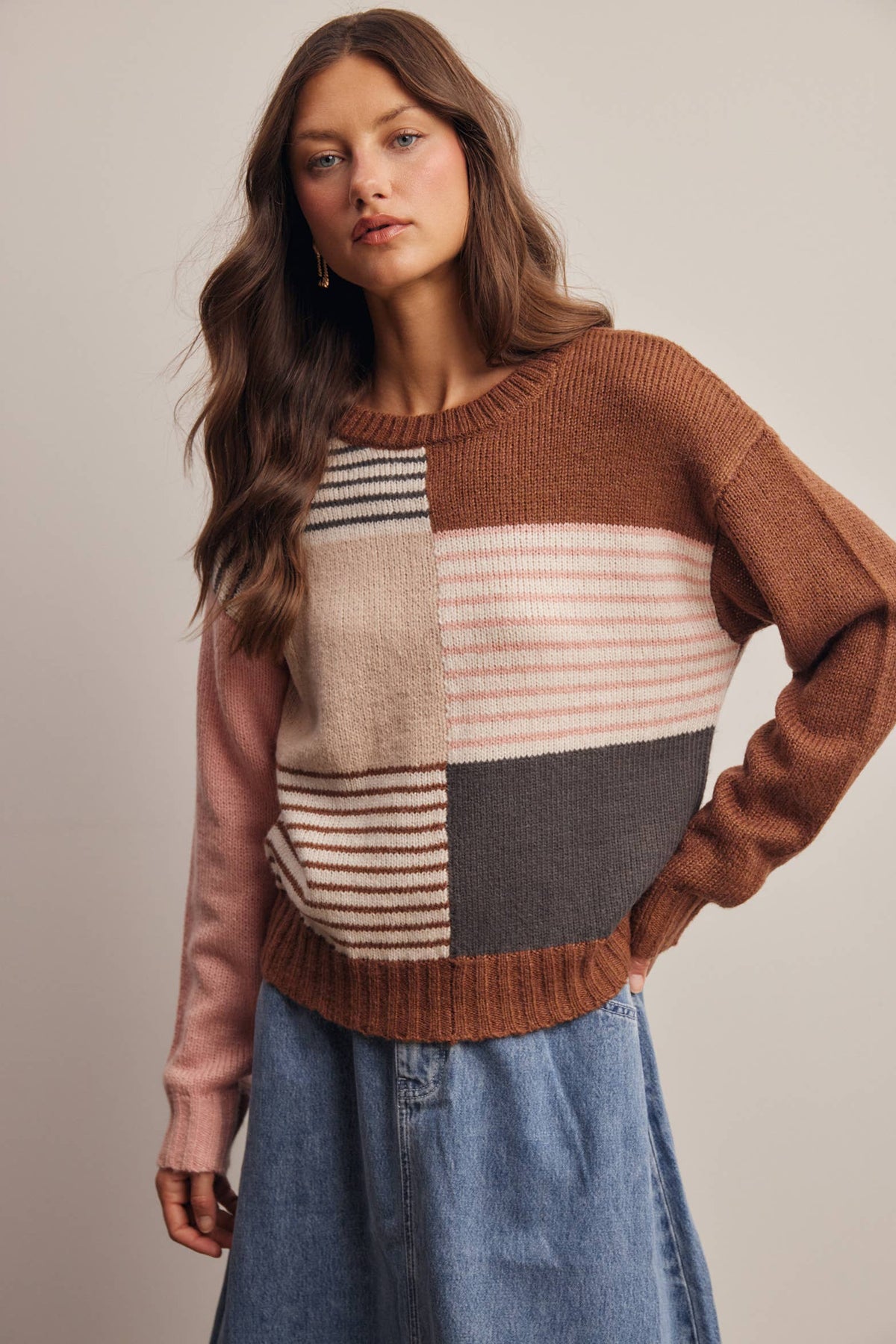 Forte - Colorblock Mixed Stripe Knit Sweater FSW0099: Blue Multi / Contemporary / XL