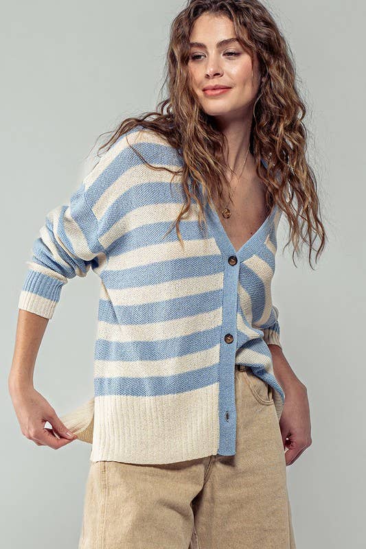 Cozy and Free Striped Cardigan: TAUPE/BLACK