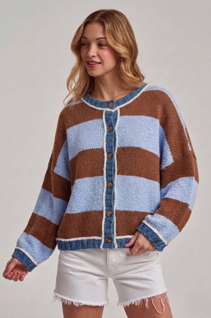 BON - WIDE STRIPE EVERYDAY COZY FALL SWEATER CARDIGAN_JLT00445-01: BLUE/BROWN / S-M-L(2-2-2)
