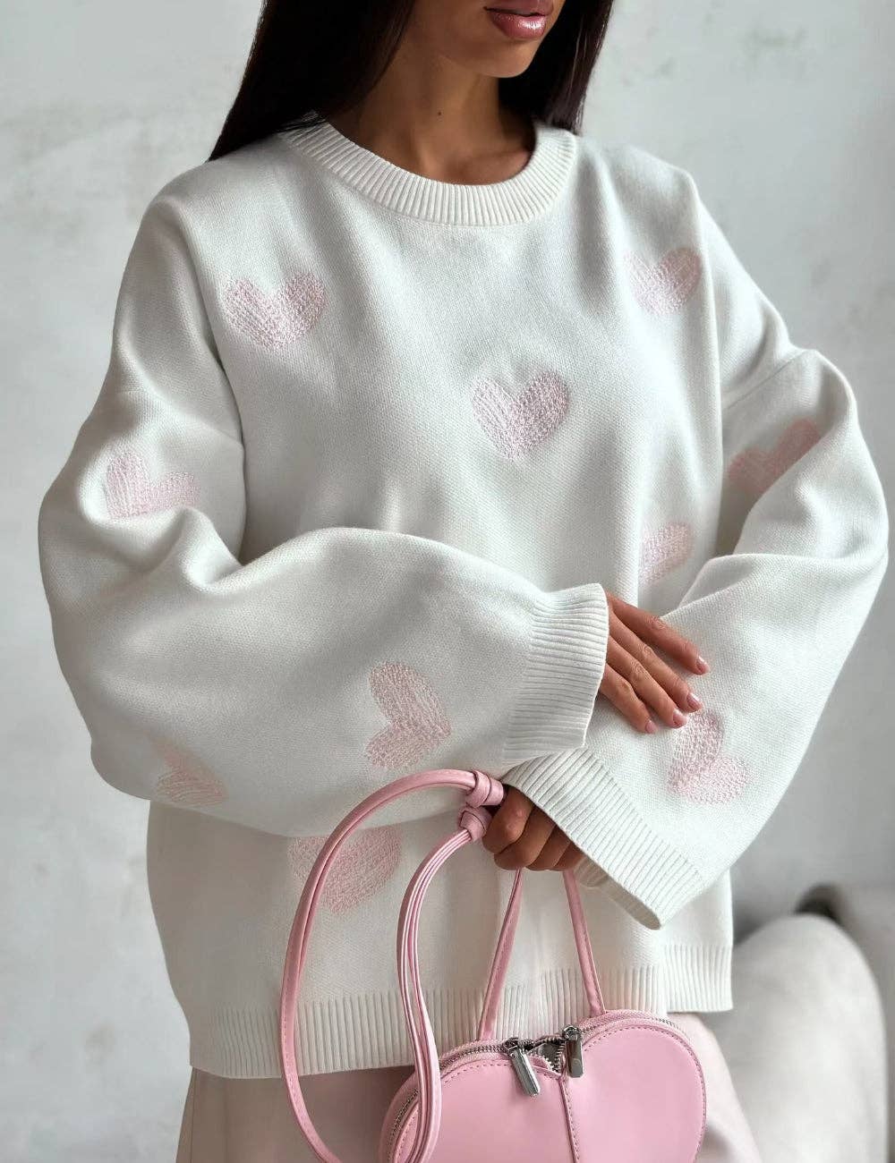 Ladies Color Block Heart Pullover Sweater: WHITE/PINK