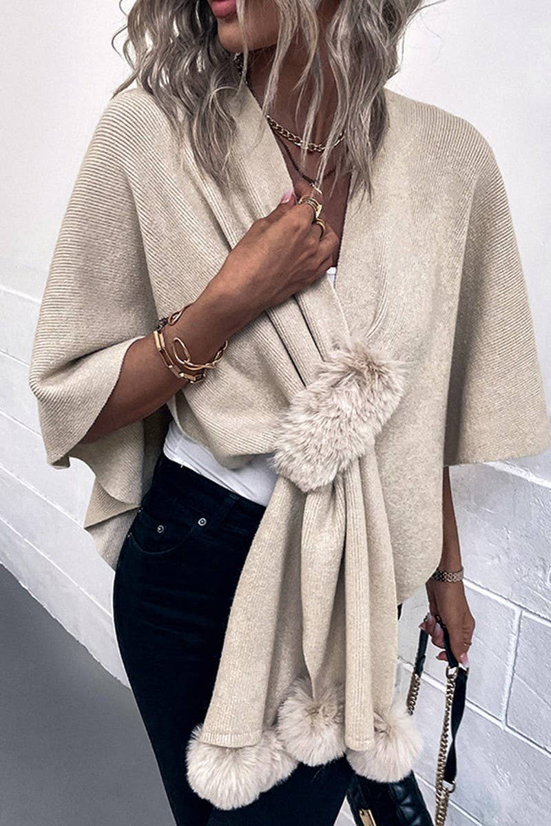 NINEXIS - CWOCAS0052_SOLID COLOR WOOL BALL CAPE KNITTED SHAWL: BLACK / (OS) 1