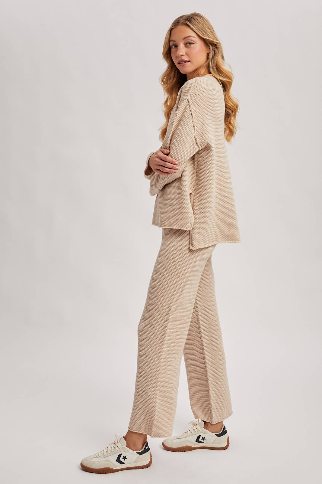Textured Knit Top & Pant Set: OATMEAL