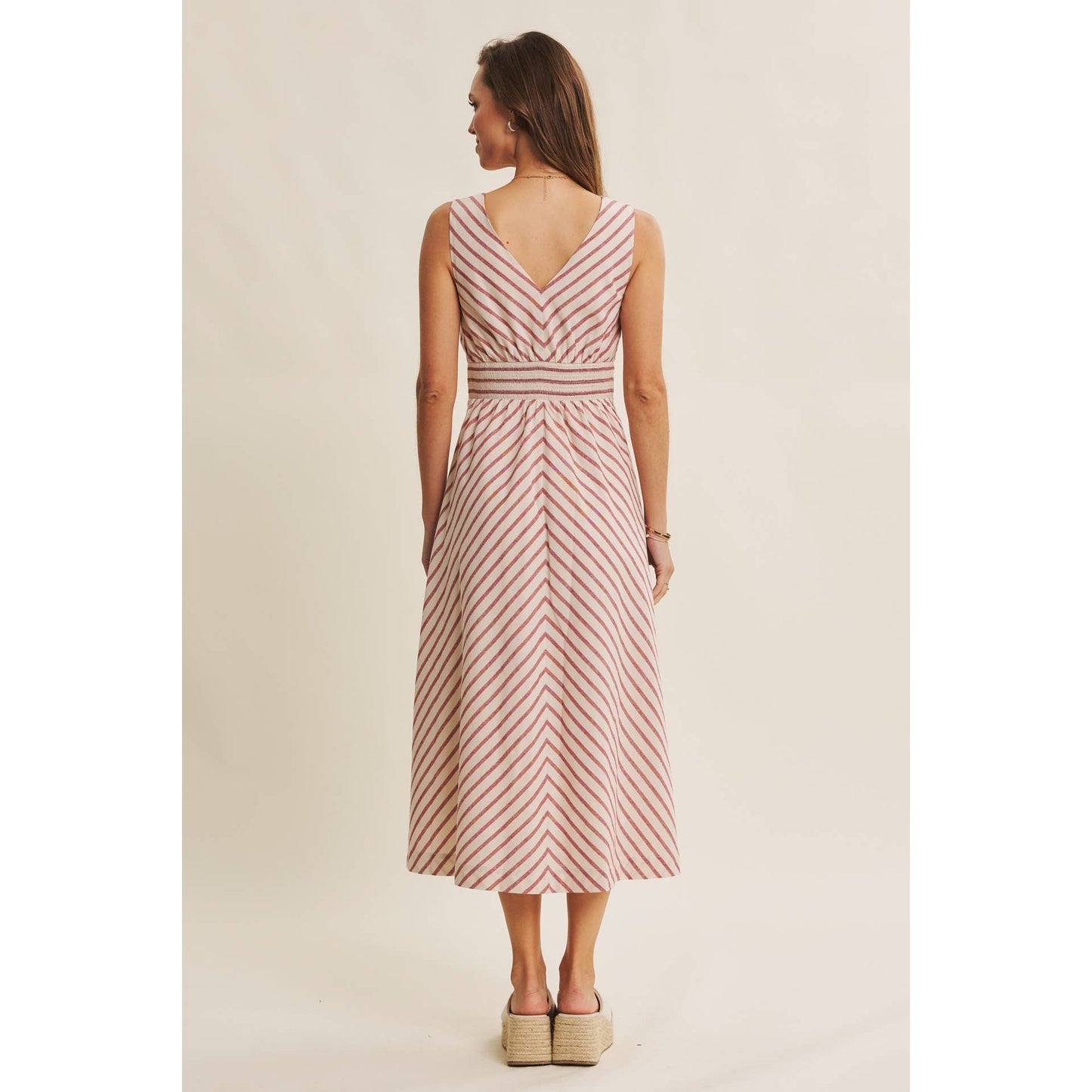 in february - SOFT-GLOW COTTON BLEND LUREX STRIPE FIT AND FLARE MIDI DRESS: RED / L