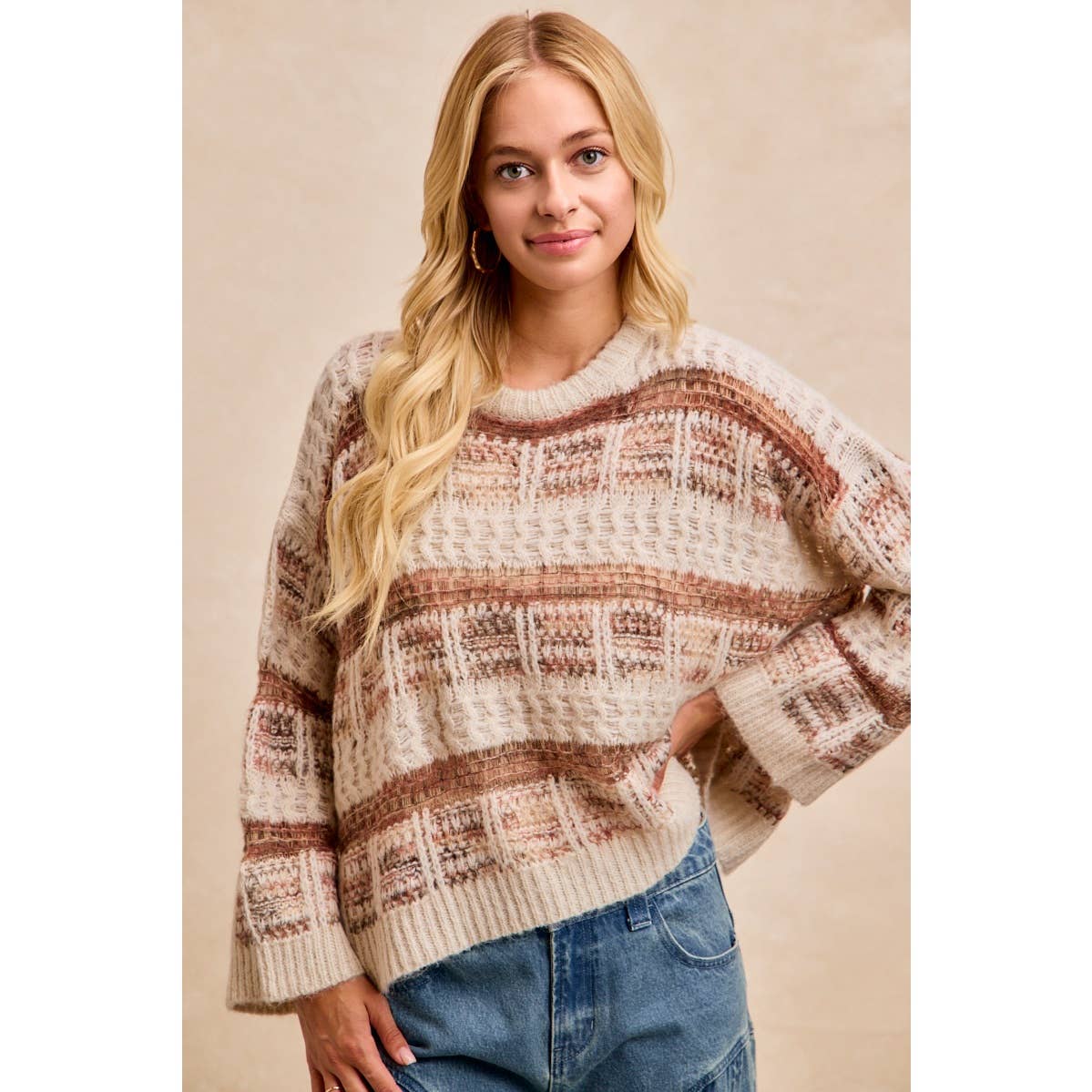 BiBi - VINTAGE SOFT CHECK PATTERN CHUNKY KNIT SWEATER: MOCHA MULTI / XL