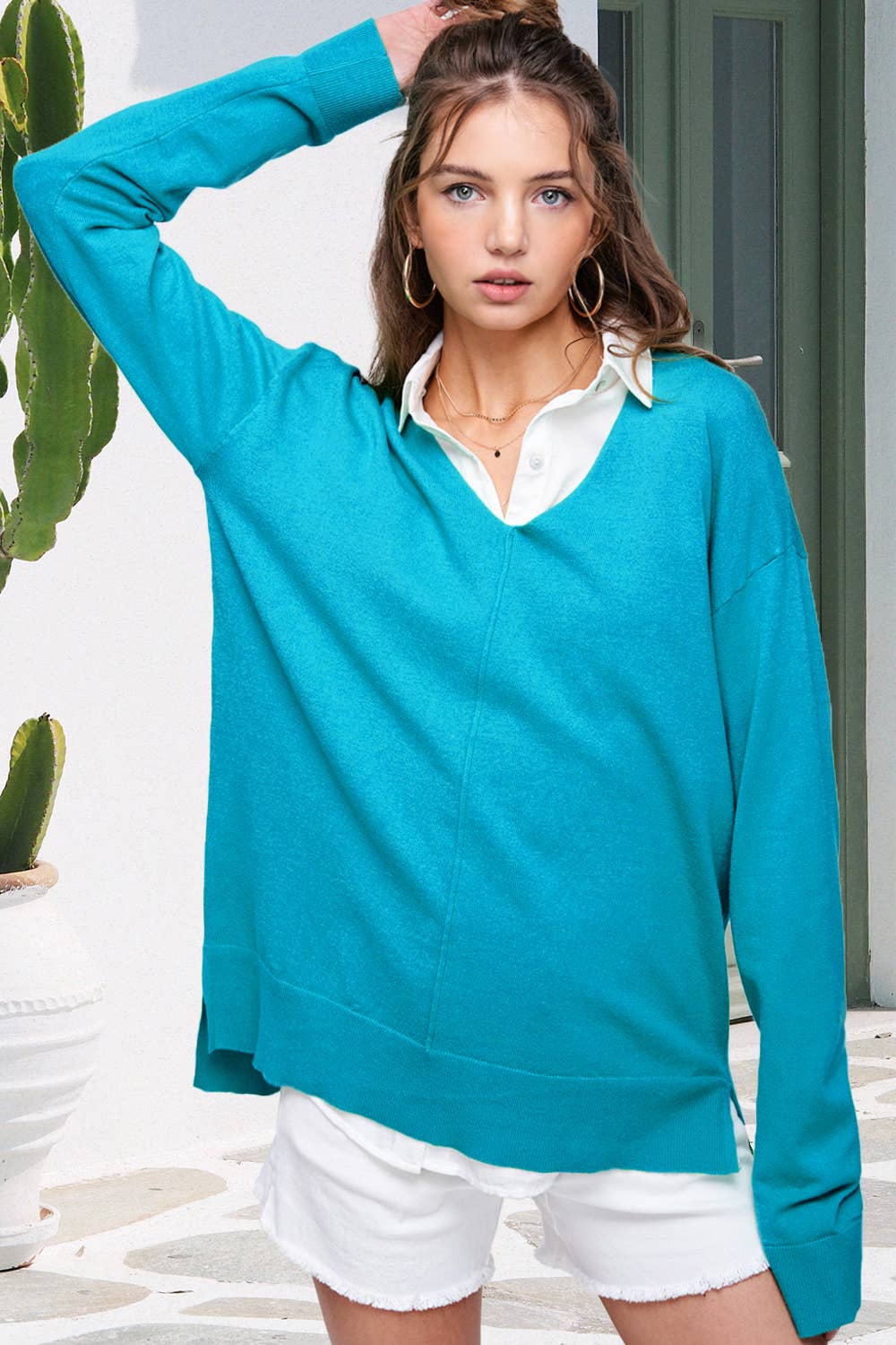 La Miel - JBS3122-V-neck Long Sleeve Lightweight Knit Top Christmas: Apple Green / L