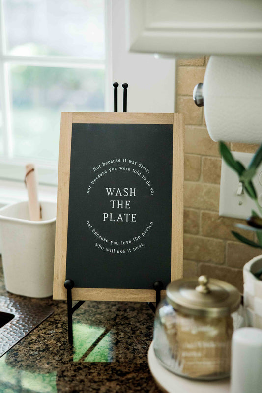 Wash the Plate | Wall Art: Black-White Text / Dark Brown Frame / 8 inches x 12 inches