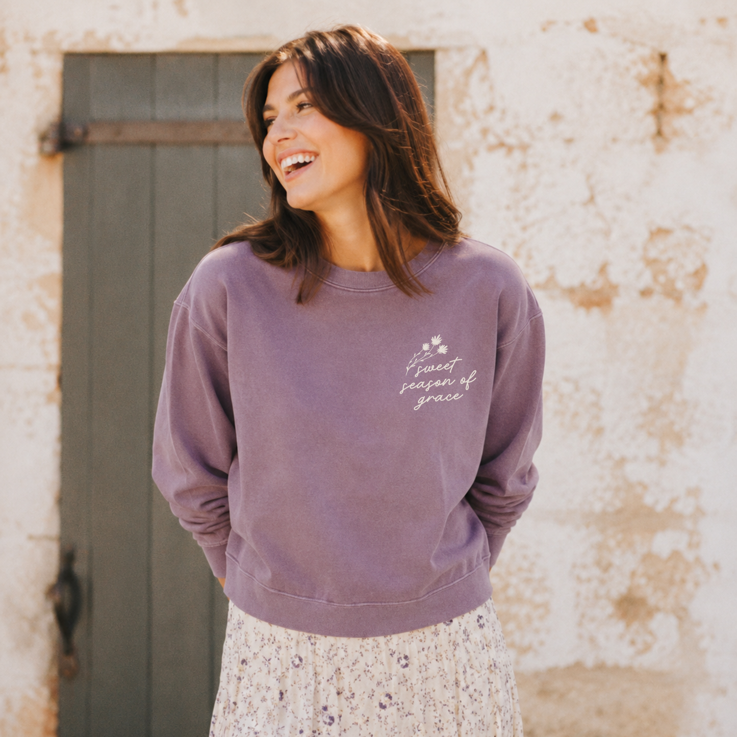 Scripted Pearl | Christian Apparel & Gifts - Grace Embroidered Comfort Colors Mid-Length Fall Sweatshirt: Espresso / S