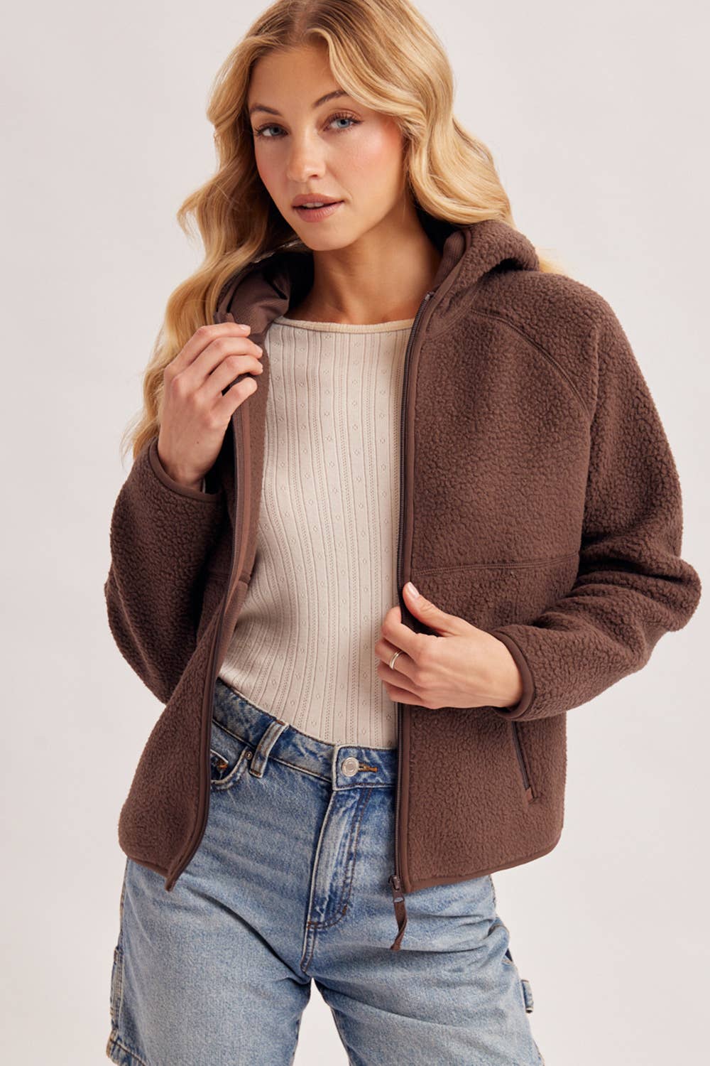Bluivy - SOFT SHERPA FLEECE ZIPPER FRONT HOODIE JACKET: WINE / M
