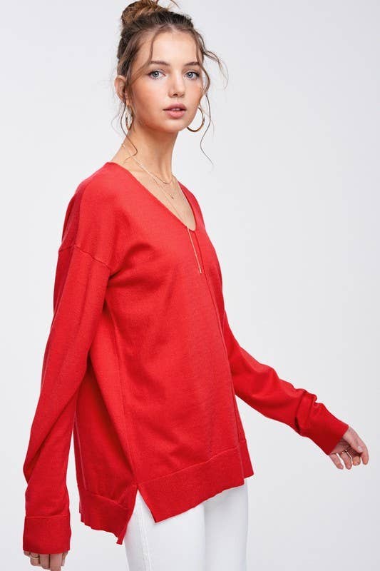 La Miel - JBS3122-V-neck Long Sleeve Lightweight Knit Top Christmas: Apple Green / L
