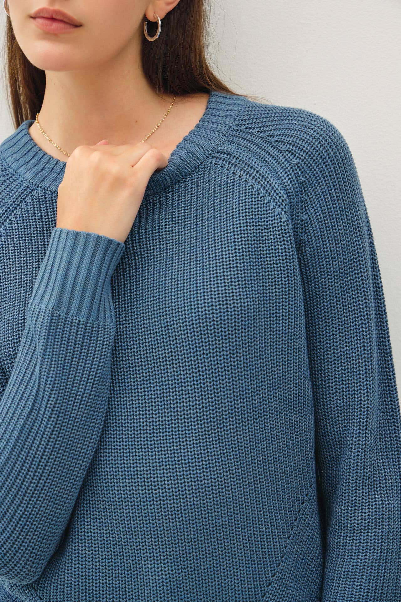 Crew Neck Pullover Sweater w Crochet Detailing: Teal Blue