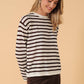 Sunday Edition by LE LIS - ROUND NECK LONG SLEEVE LT WEIGHT STRIPE SWEATER: WHITE-BROWN STRIPE / M