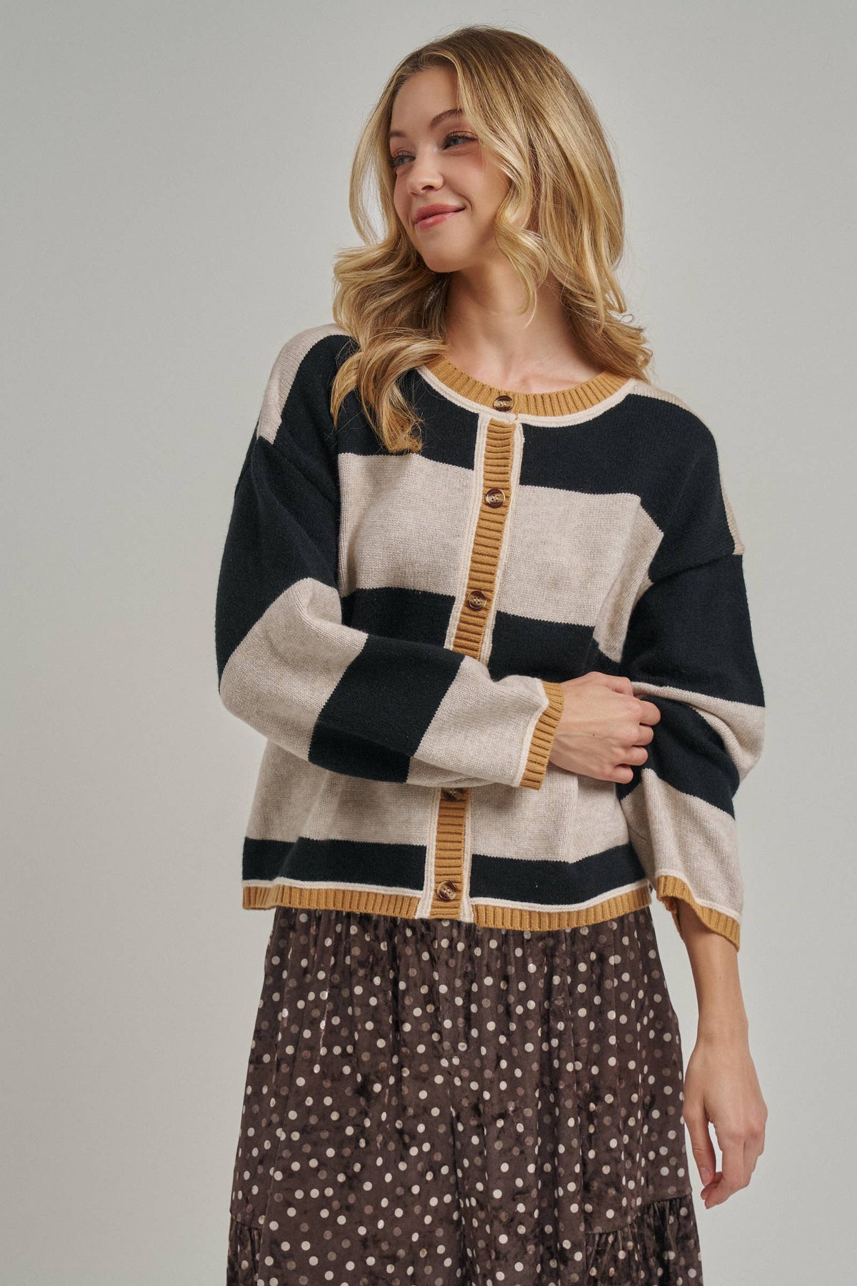 BON - WIDE STRIPE EVERYDAY COZY FALL SWEATER CARDIGAN_JLT00445-01: BLUE/BROWN / S-M-L(2-2-2)