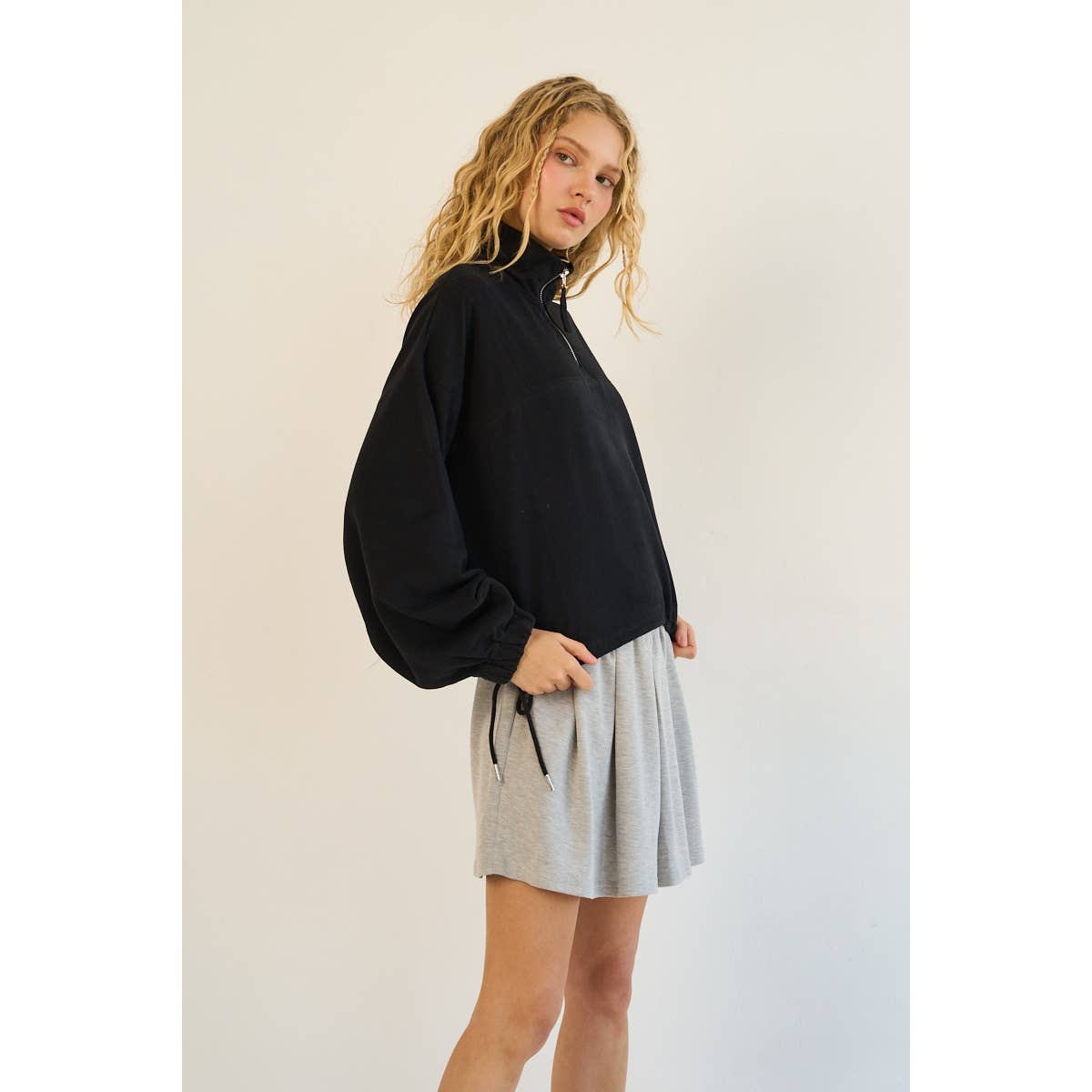 The GREii - Premium Terry Half-Zip Pullover with Adjustable Drawstring H: BLACK / L