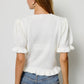 Mimosa - Puff Sleeve Ruffle Hem Knit Cardigan: Ivory / L