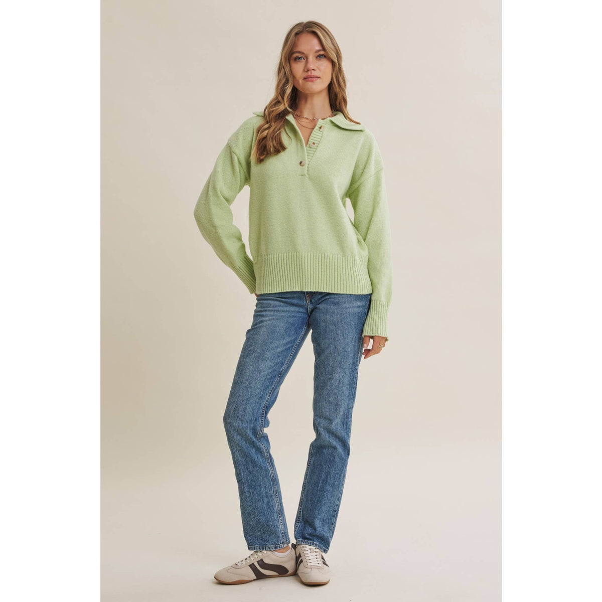 in february - MORNING LIGHT UPLIFTING SOFT PASTEL POLO SWEATER TOP: BUTTER YELLOW / L