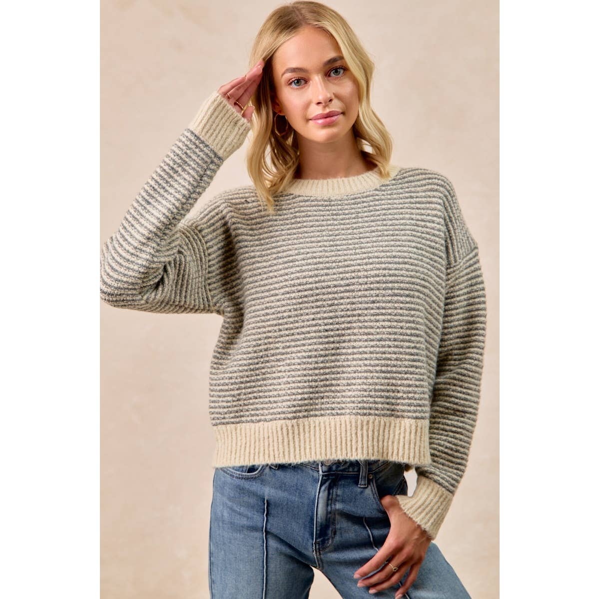 BiBi - TWO TONE STRIPED SWEATER TOP: CHARCOAL / L