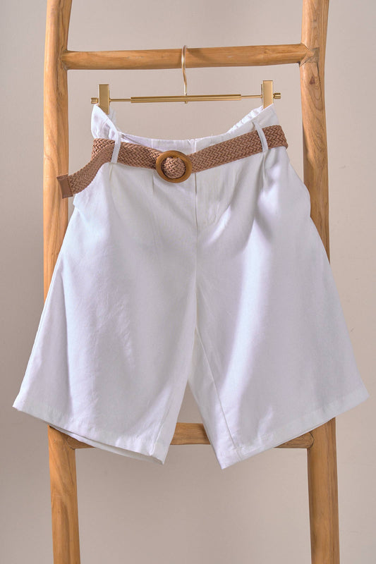 Linen Blend Belted Bermuda Shorts: WHITE
