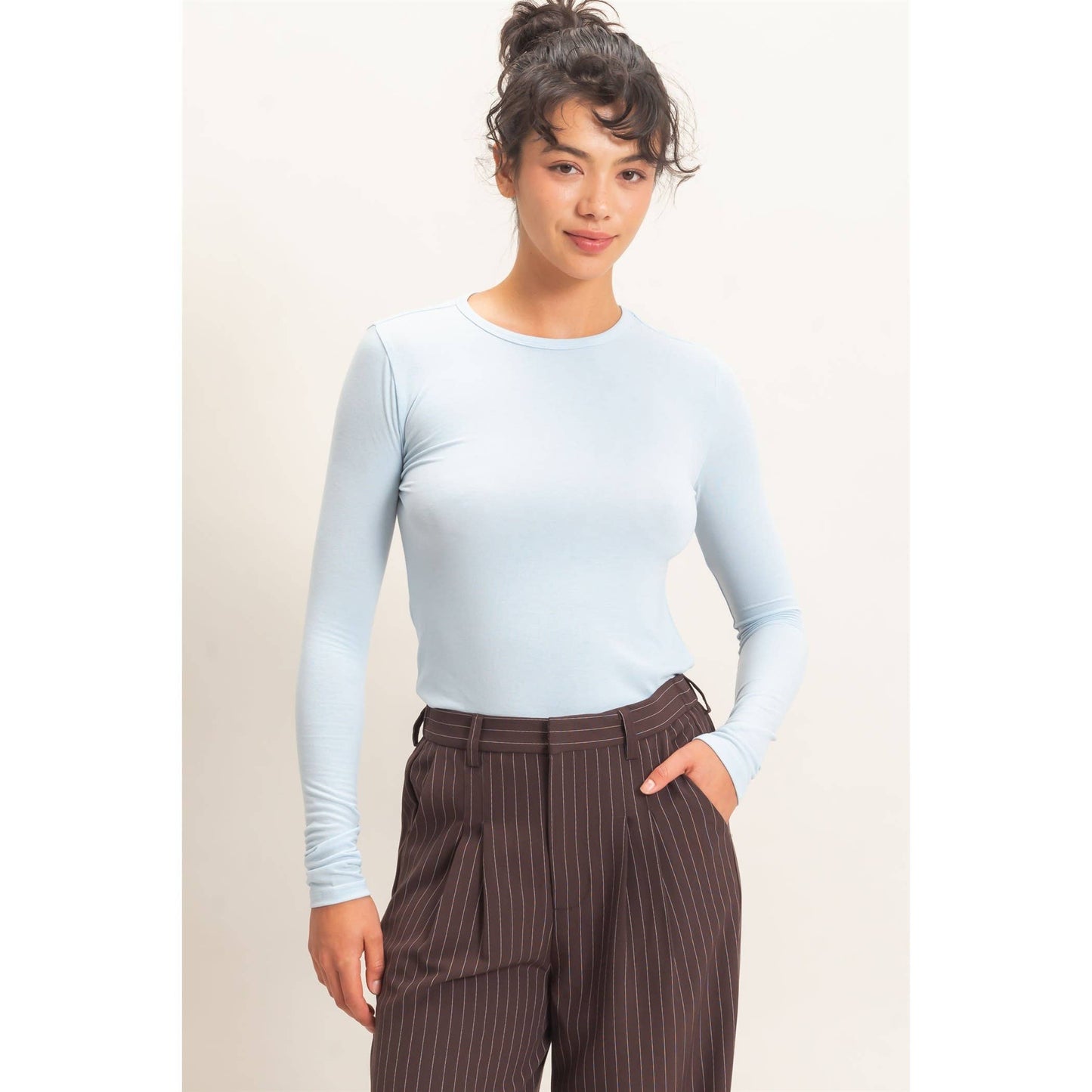 Crew Neck Long Sleeve Top: CHARCOAL