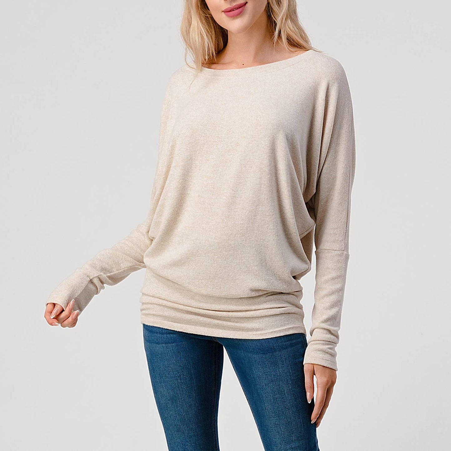 Heimious - Long Dolman Sleeve Round Neck Brushed Knit Top, 2739: Navy / S