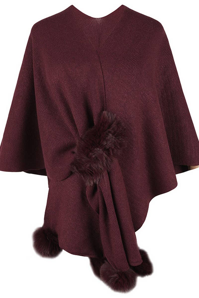 NINEXIS - CWOCAS0052_SOLID COLOR WOOL BALL CAPE KNITTED SHAWL: BLACK / (OS) 1