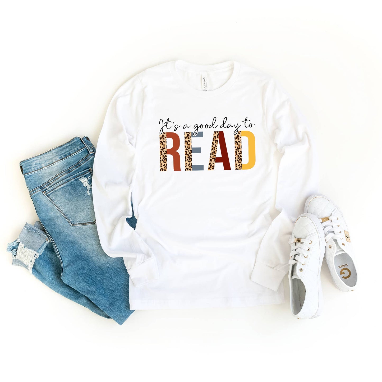 It's A Good Day To Read Leopard | Long Sleeve Graphic Tee: WHITE