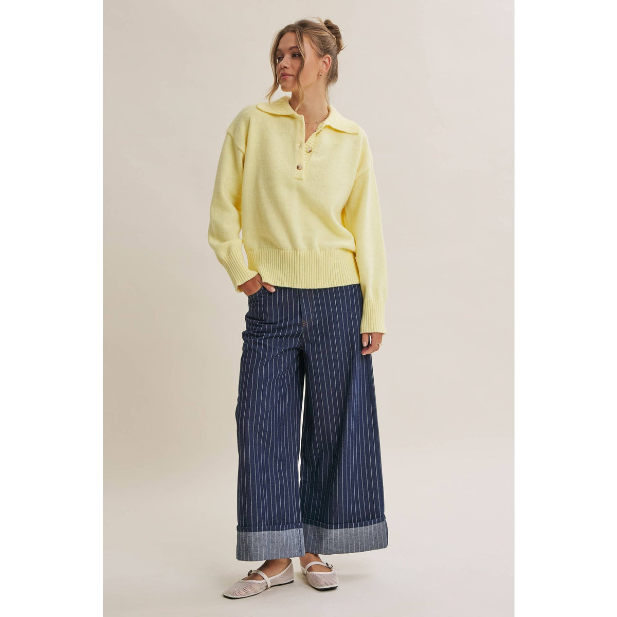 in february - MORNING LIGHT UPLIFTING SOFT PASTEL POLO SWEATER TOP: BUTTER YELLOW / L