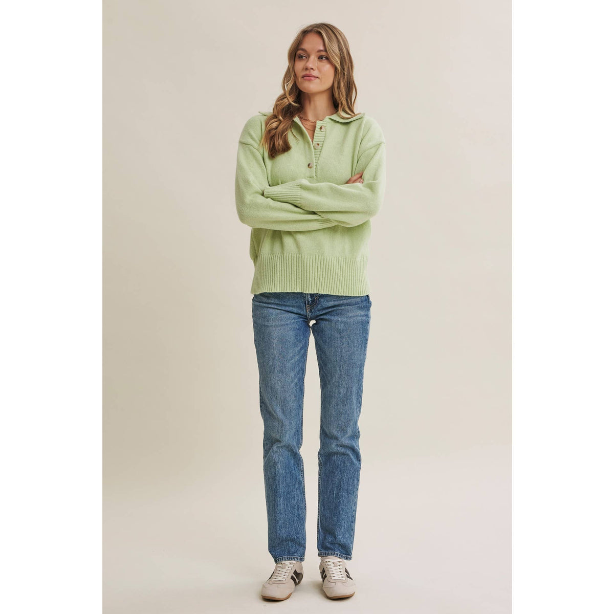 in february - MORNING LIGHT UPLIFTING SOFT PASTEL POLO SWEATER TOP: BUTTER YELLOW / L