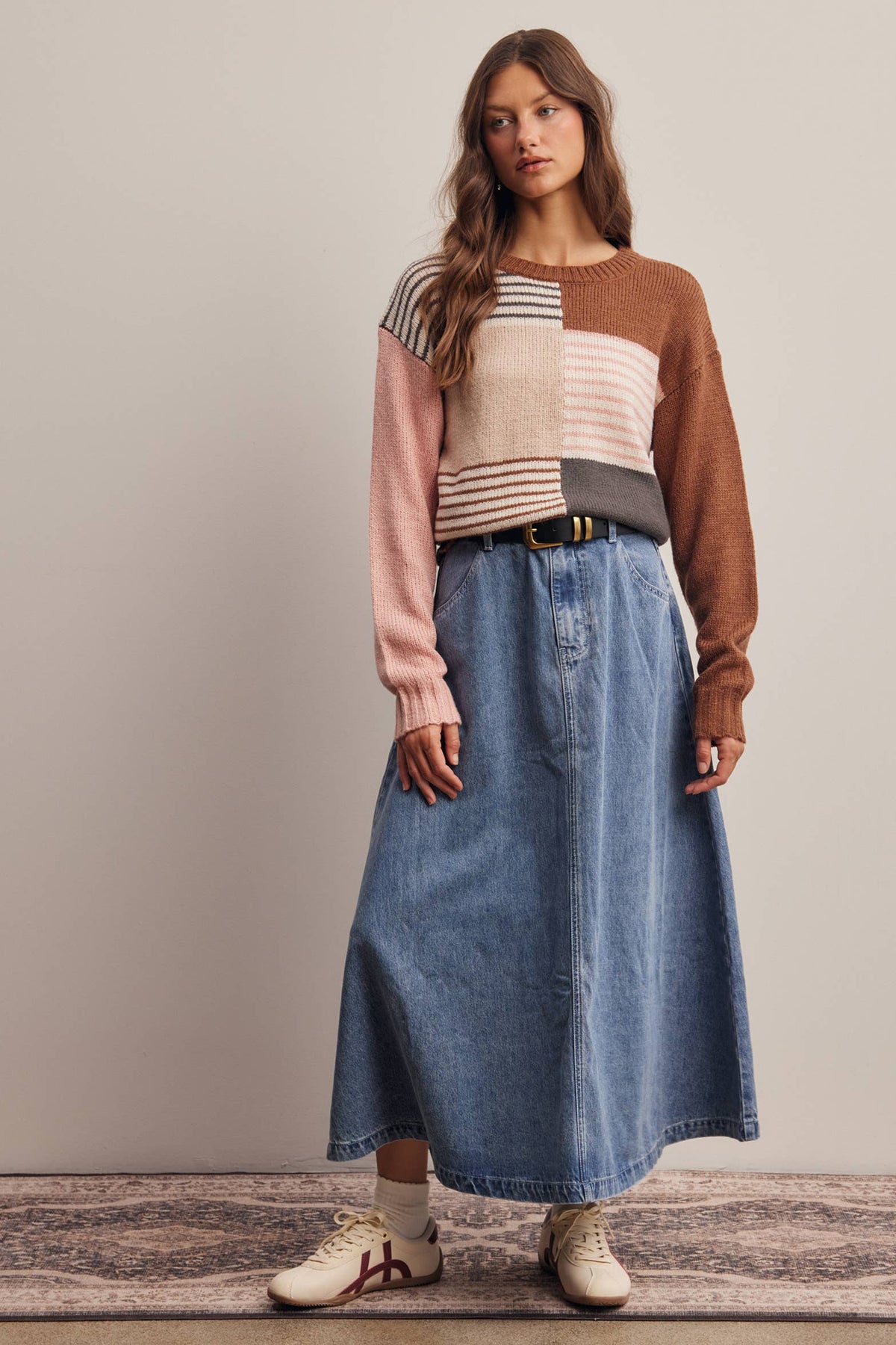 Forte - Colorblock Mixed Stripe Knit Sweater FSW0099: Blue Multi / Contemporary / L
