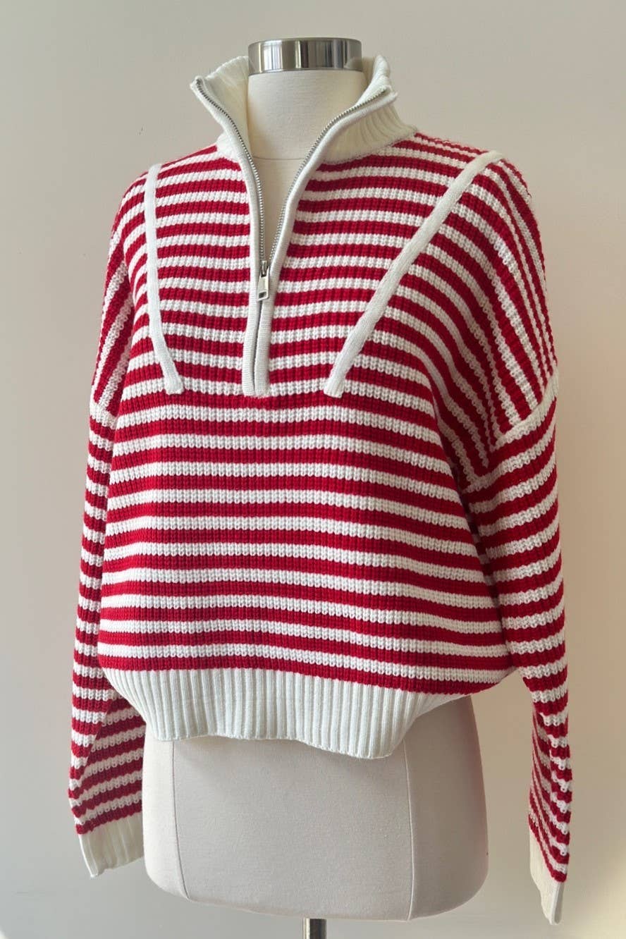 Creamon - Preppy Californian Half-zip Striped Sweater-BLUE: BLACK / L