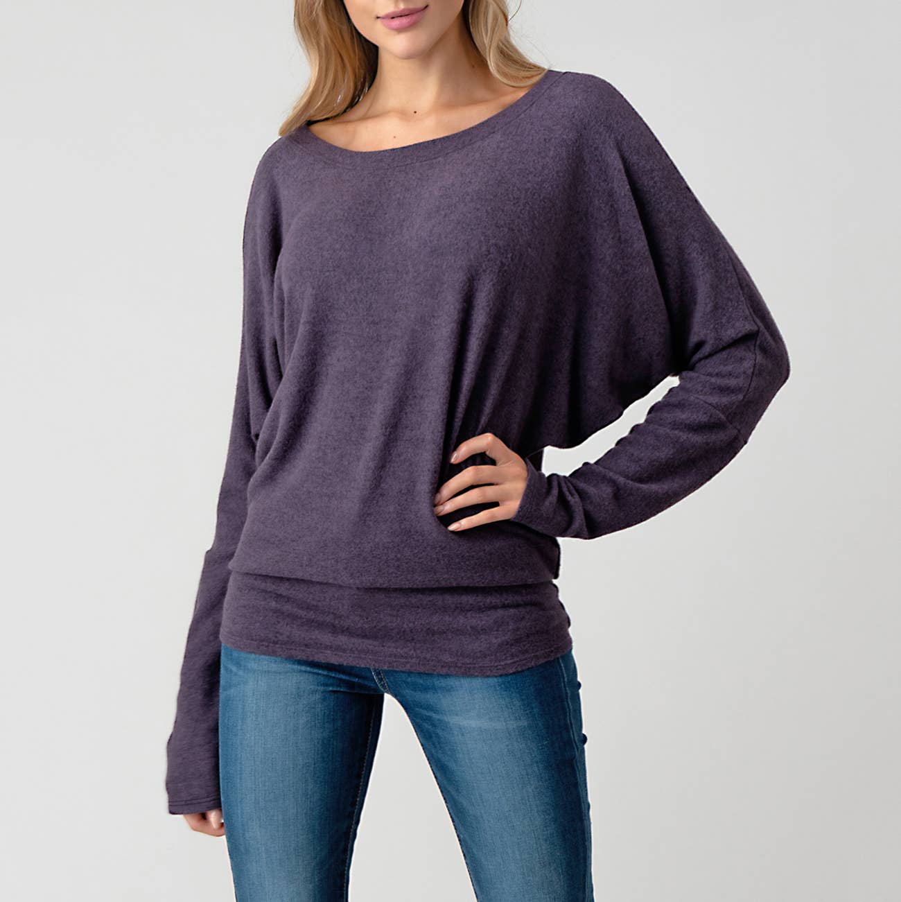 Heimious - Long Dolman Sleeve Round Neck Brushed Knit Top, 2739: Navy / S