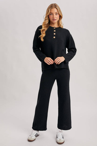 Textured Knit Top & Pants Set: BLACK
