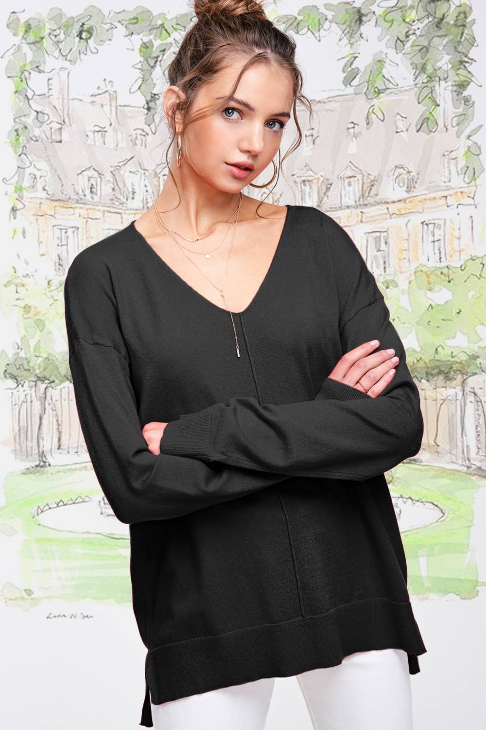 La Miel - JBS3122-V-neck Long Sleeve Lightweight Knit Top Christmas: Apple Green / L