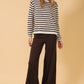 Sunday Edition by LE LIS - ROUND NECK LONG SLEEVE LT WEIGHT STRIPE SWEATER: WHITE-BROWN STRIPE / M
