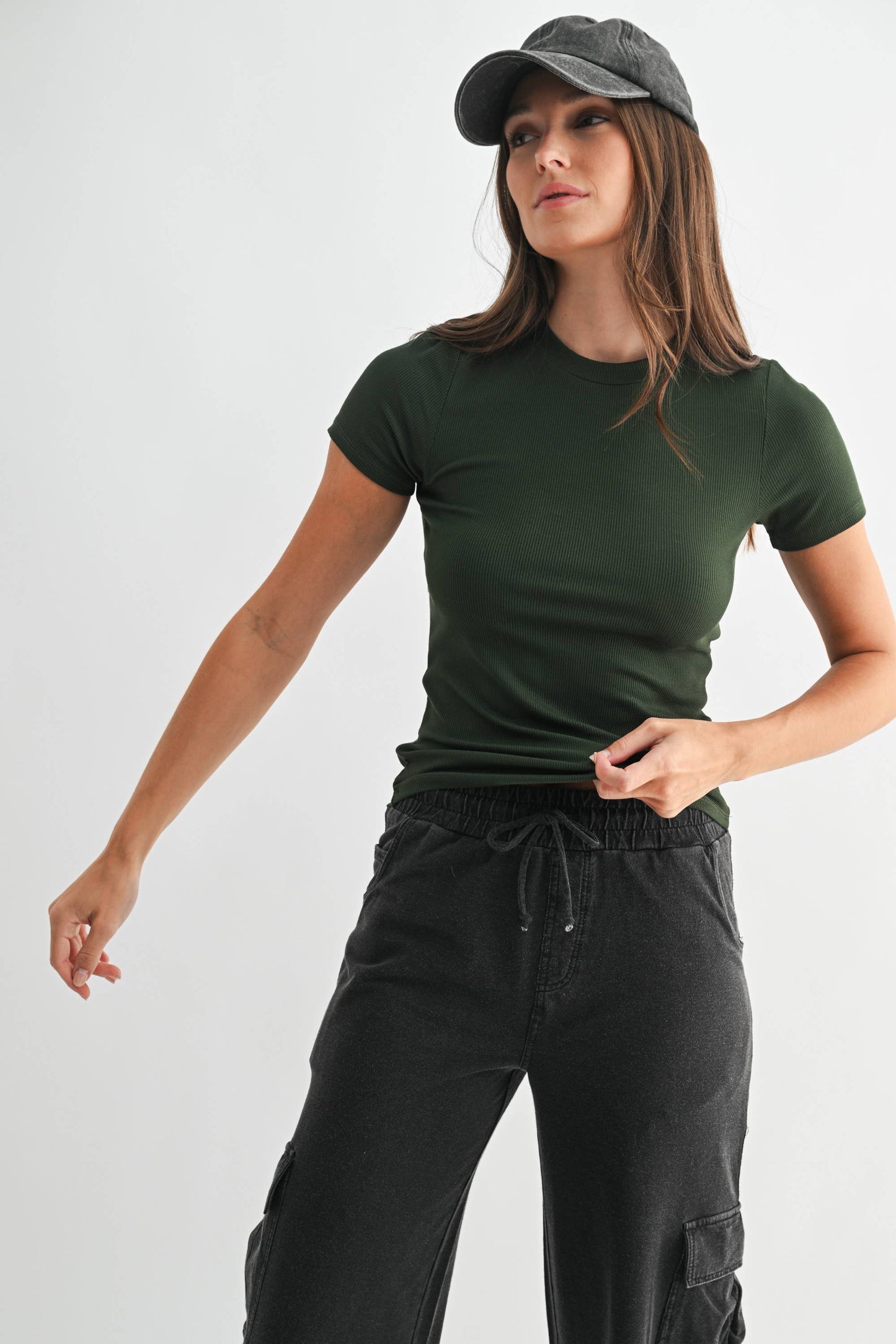 Mono B - Essential Short-Sleeved Micro-Ribbed Athleisure Top: DEEP FOREST / S:M:L (2:2:2)