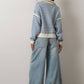 Creamon - Preppy Californian Half-zip Striped Sweater-BLUE: BLACK / S
