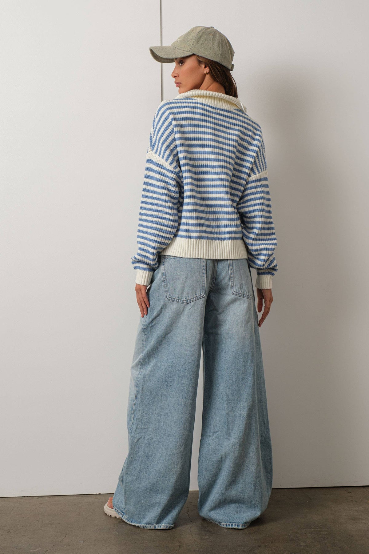 Creamon - Preppy Californian Half-zip Striped Sweater-BLUE: BLACK / M