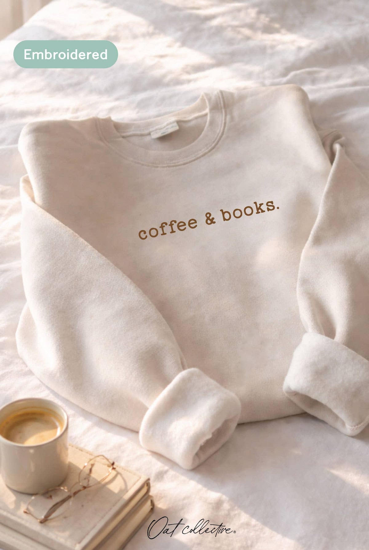 OAT COLLECTIVE - EMBROIDERED COFFEE AND BOOKS Sweatshirt Pullover Relaxed Fit: VINTAGE WHITE LONG SLEEVE / XL
