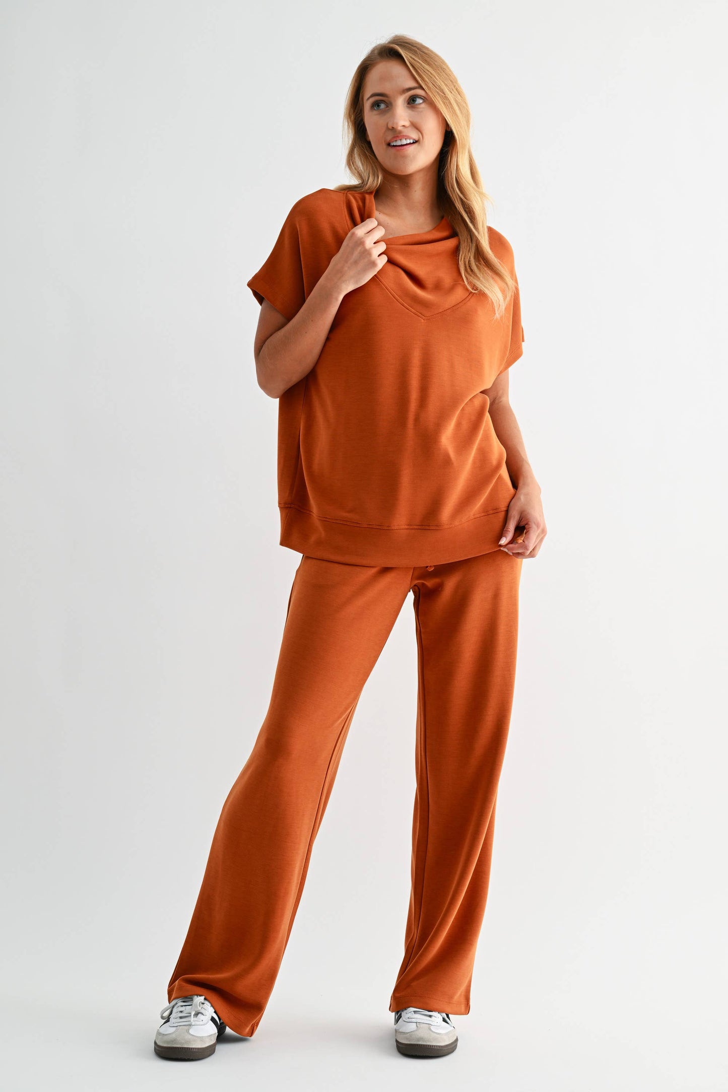 Laguna Cowl Neck Top: GARNET RED