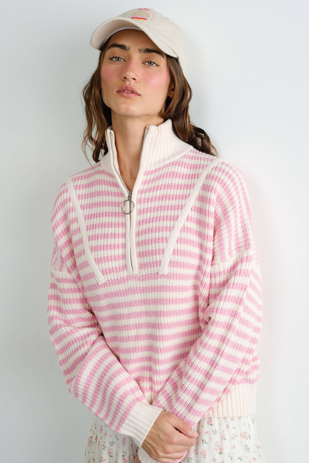 Creamon - Preppy Californian Half-zip Striped Sweater-BLUE: BLACK / S