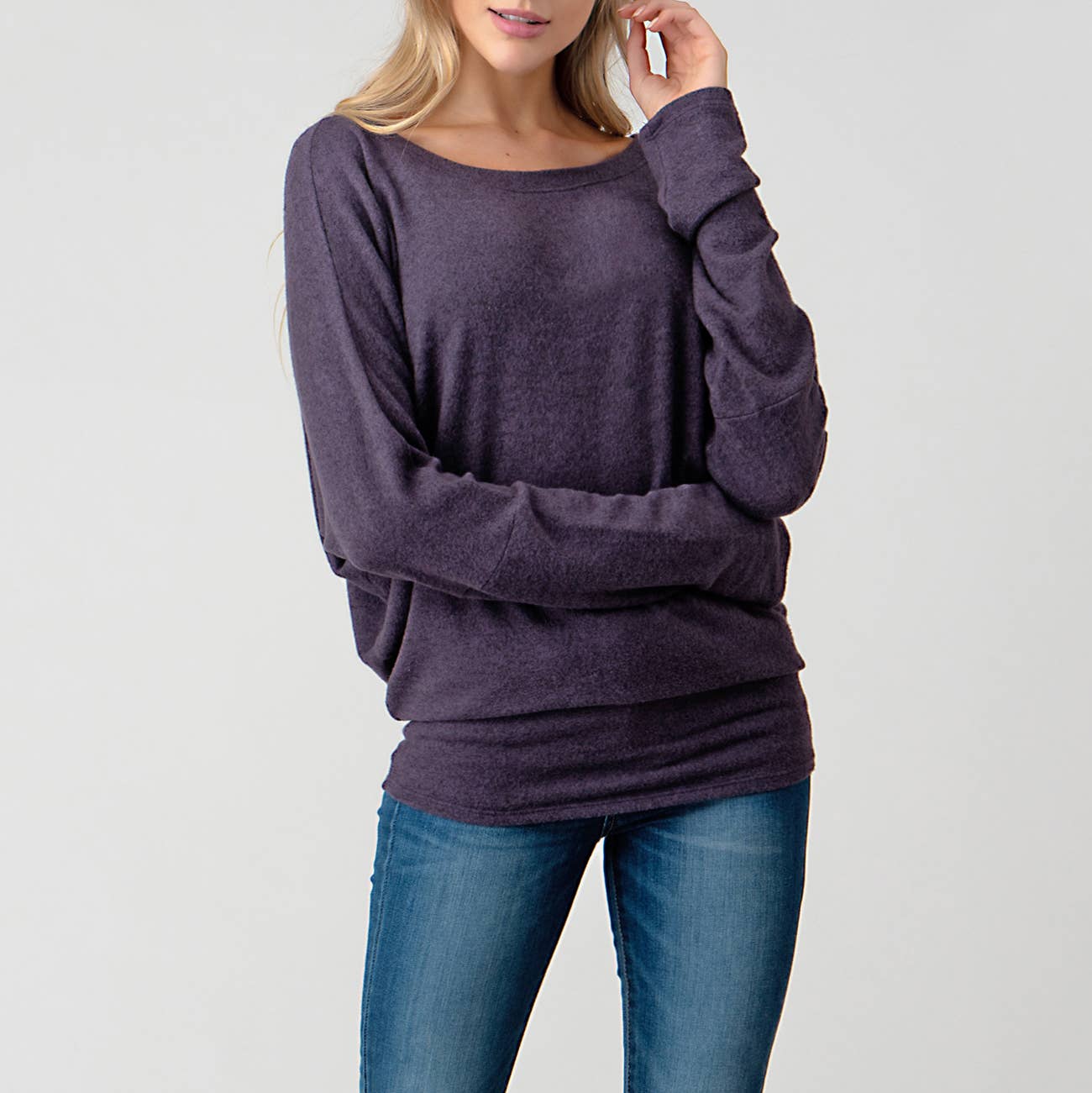 Heimious - Long Dolman Sleeve Round Neck Brushed Knit Top, 2739: Navy / M