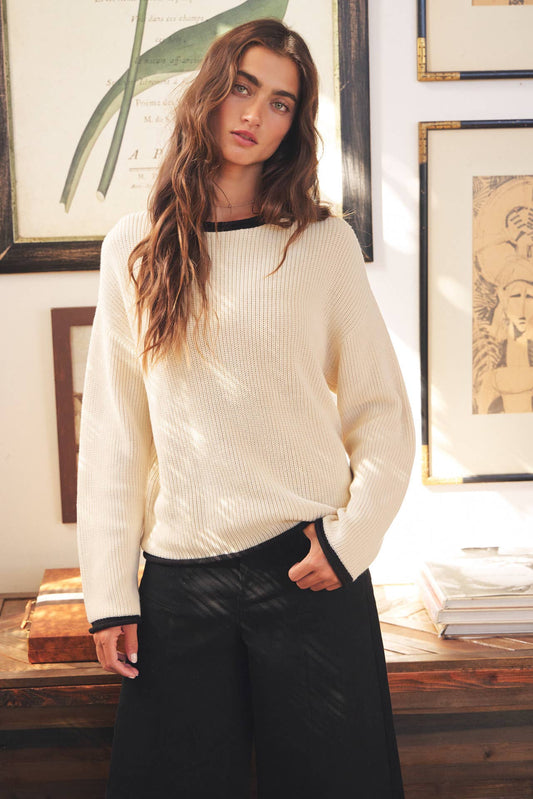 Chic Pullover Sweater w/ Contrast Rolled Edge: OATMEAL