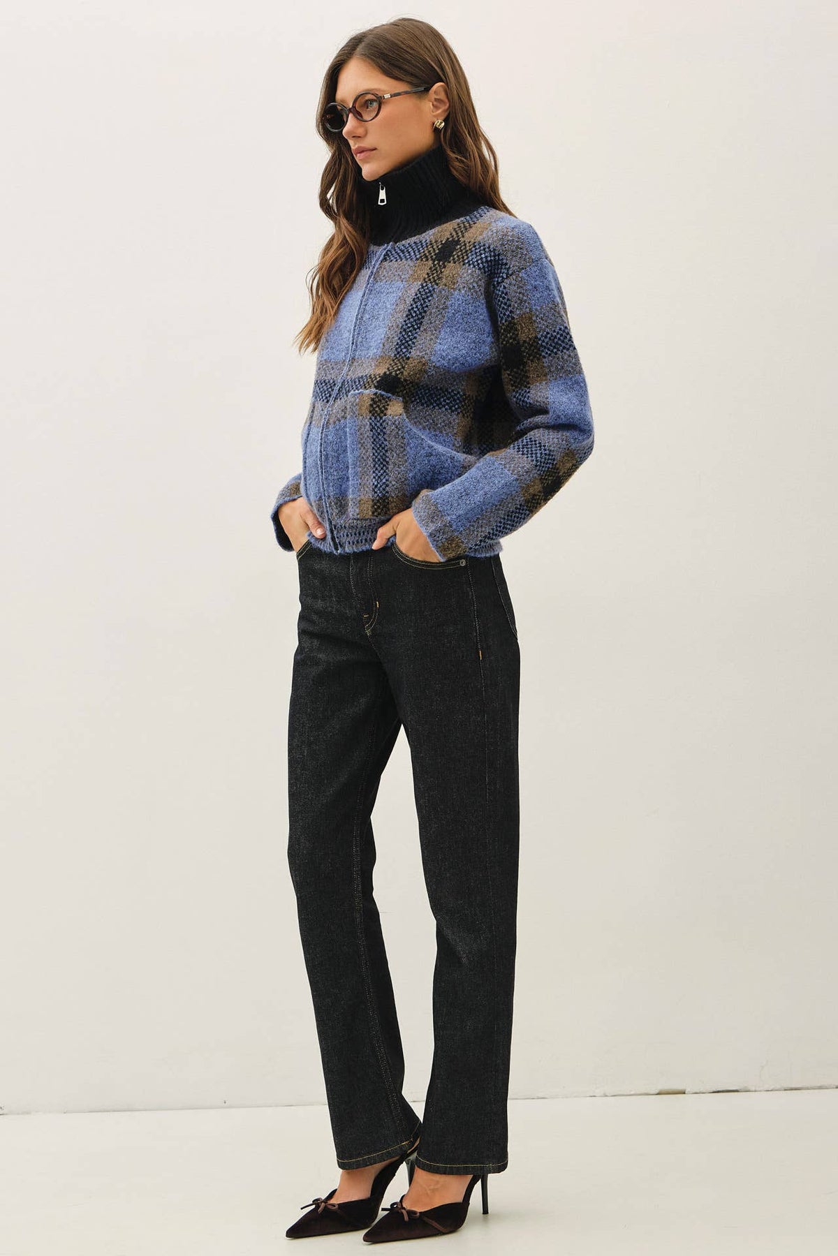 Be Cool - PLAID ZIP UP SWEATER JACKET : BLUE / S