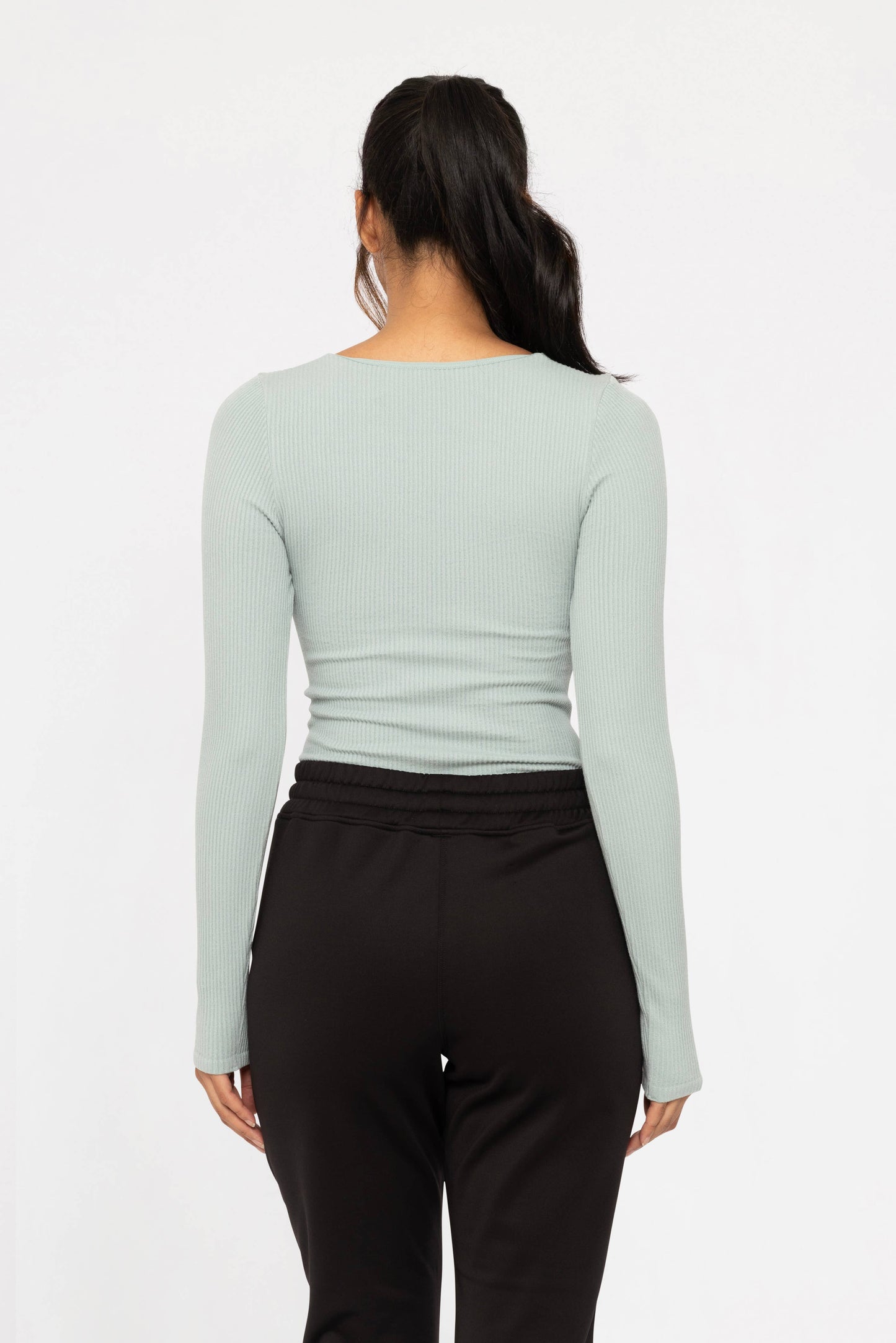 Seamless Ribbed Long Sleeve Top: BLACK