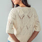 Knit Sweater Crochet Round Neck Short Sleeve Top: CREAM
