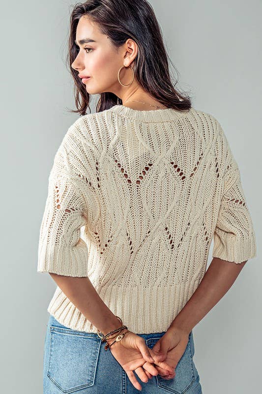 Knit Sweater Crochet Round Neck Short Sleeve Top: CREAM