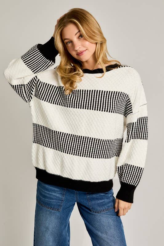 Long Sleeve Crew Neck Striped Pattern Sweater: Black-white Stripe