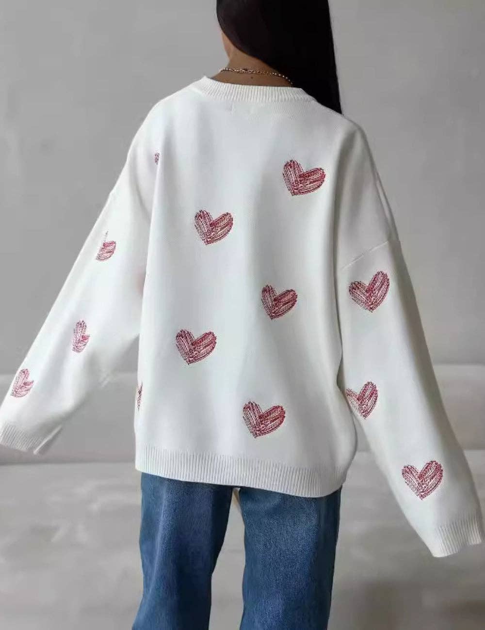 Ladies Color Block Heart Pullover Sweater: WHITE/PINK