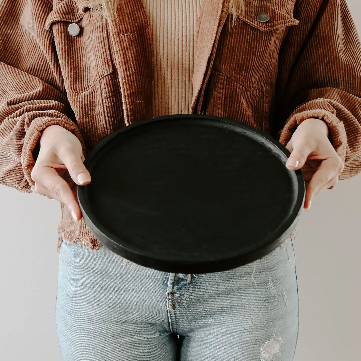 Large Black Wood Round Tray