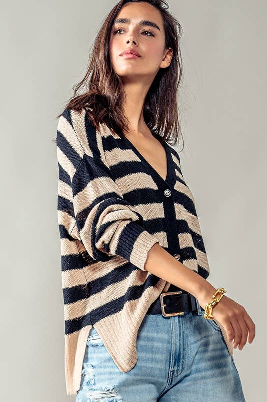 Cozy and Free Striped Cardigan: TAUPE/BLACK