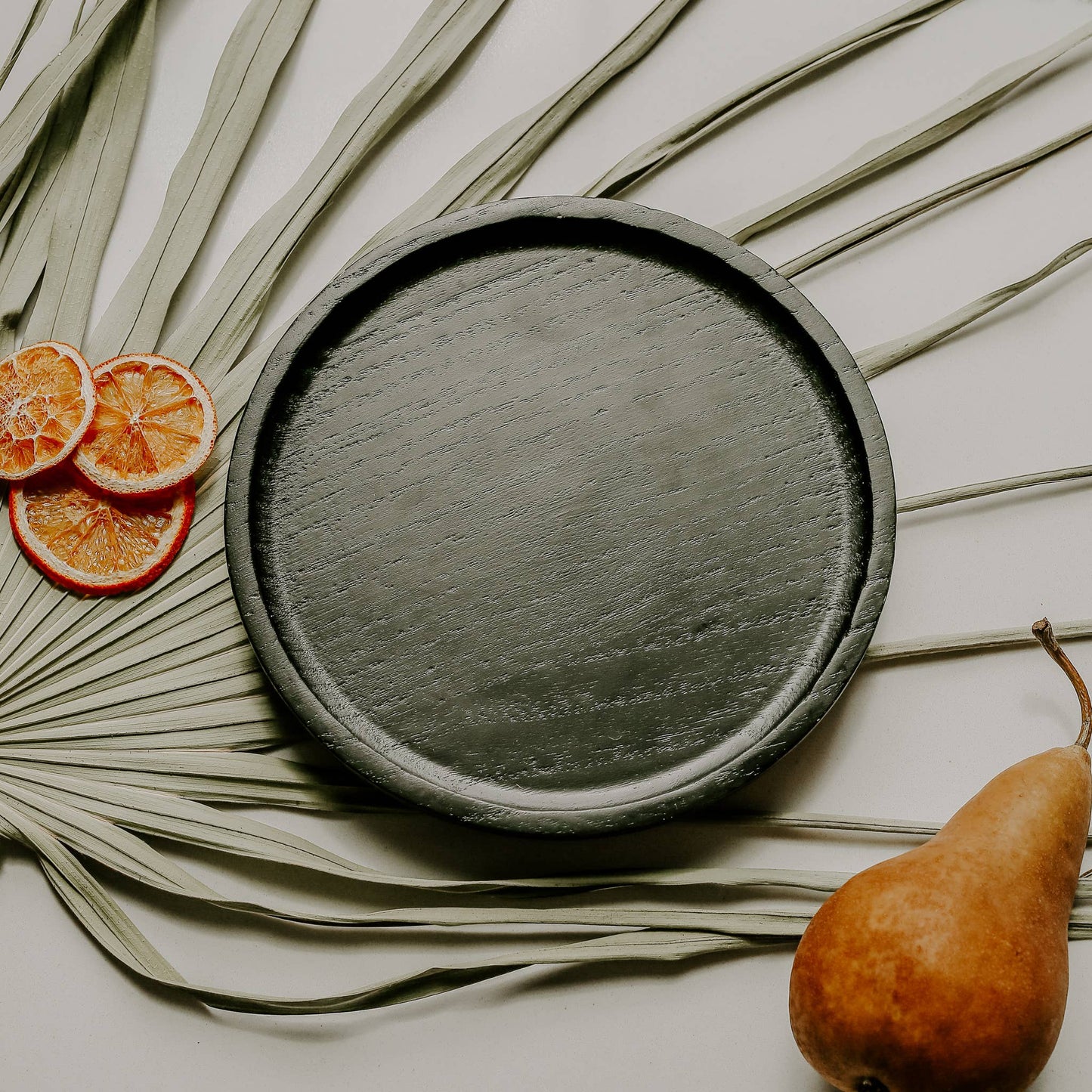 Black Round Wood Tray- 7x7x8